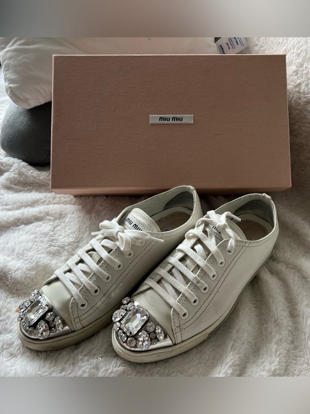 Miu Miu White Crystal-Embellished Leather Sneakers